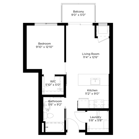 Floor plan for 1 bed, 1 bath, 585 sqft